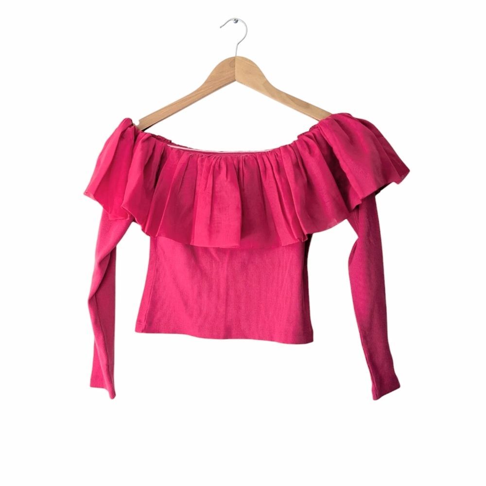 NWT! Anthropologie Pink Off-The-Shoulder Organza Ruffle Top - Picture 9 of 9